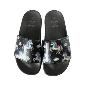 Simply Petals Little Girl's unicorn print black Sandals slip on Slides size 3